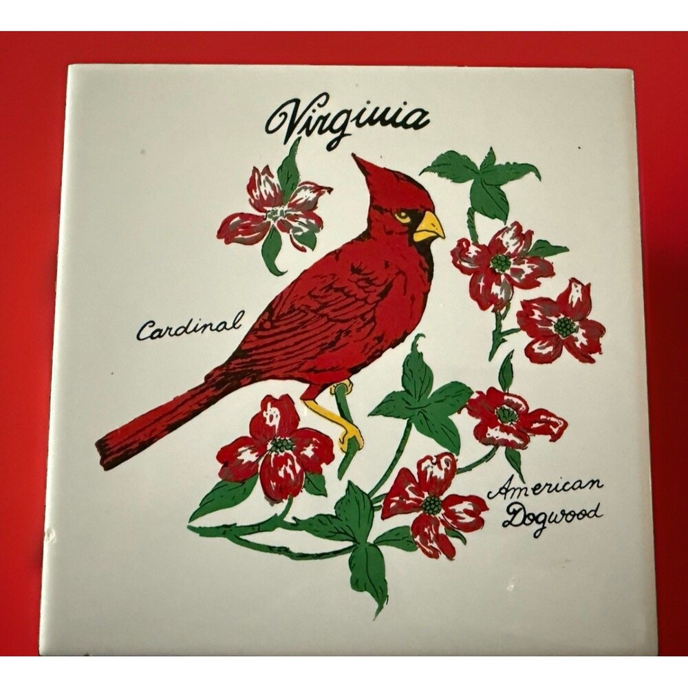 Vintage Virginia Souvenir Ceramic Tile State Bird Cardinal & Dogwood Flower Deco